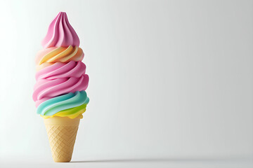 Colorful Swirl Ice Cream Cone Against Plain Background, Ideal for Summer Treats and Dessert Promotions
