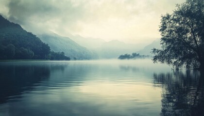 Fototapeta premium Serene lake landscape with misty mountains and tranquil water reflections.