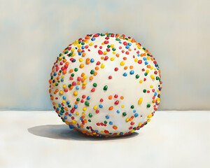 A single, round cake covered in colorful sprinkles sits on a white surface against a light blue background.