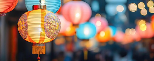 Chinese lanterns concept. Colorful lanterns illuminate a vibrant street scene during a festive...