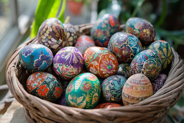 Close-up of painted Easter eggs with intricate patterns, eco-friendly dyes, earthy tones, soft daylight on rustic wooden background, handcrafted aesthetic