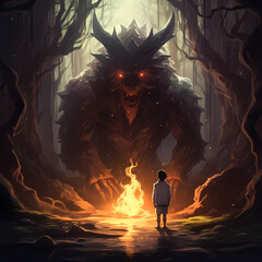 A Boy and the Forest Beast: A Digital Painting of Fantasy Confrontation