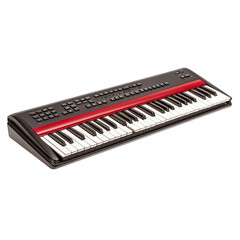 Electric keyboard with black keys and a red accent, ideal for music production and performance. transparent background