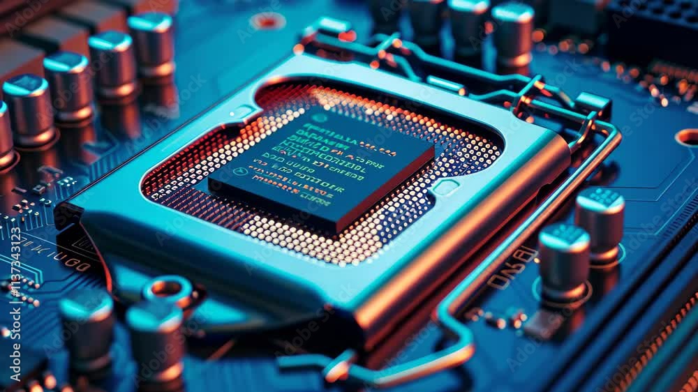 Poster a detailed view of a computer motherboard showing a high-performance processor carefully installed, 