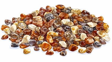 Pile of assorted amber stones, various colors and sizes, isolated on white.