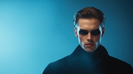 Fototapeta premium A man with black hair and dark makeup stands in front of a blue background