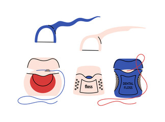 Set of dental flosses, oral hygiene products in a flat style. Different toothbrushes, toothpastes, dental floss, mouth rinse, teeth strips, irrigator. Teeth cleaning accessories. Colorful vector set