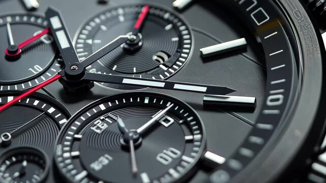 A close view of a stylish black chronograph wristwatch featuring detailed dials, red accents, and a modern design illuminated by soft natural light.