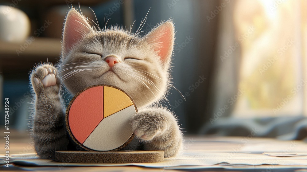 Poster business cat collaborating with a pie chart in a cozy office environment for creative engagement and