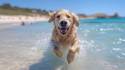 Energetic golden retriever running in ocean water on sunny beach