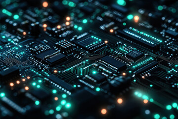 Obraz premium Close-up of circuit board with glowing components. (1)