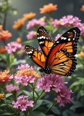 Obraz premium Close-up of vibrant monarch butterfly on blooming flowers, colorful, insect