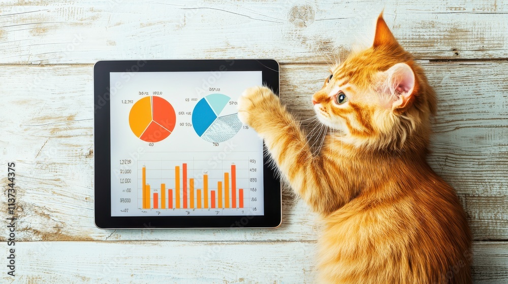 Poster business cat engaging with financial data on tablet in modern office environment focused on analytic