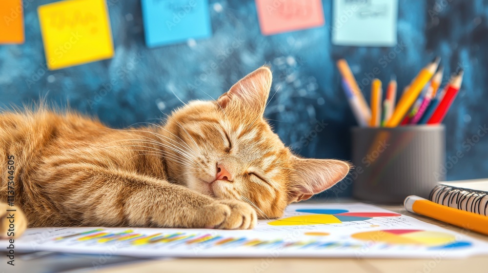 Aufkleber A business cat analyzing charts and graphs in a creative workspace office environment focused on data trends and insights for optimal performance