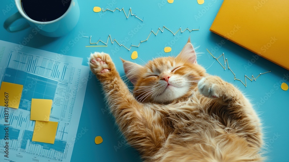 Aufkleber business cat analyzing market trends office setting digital graphics playful environment top view co