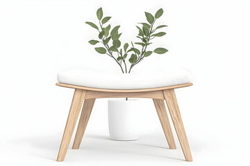 Minimalist Wooden Bench with White Cushion and Potted Plant on Neutral Background for Interior Design Inspiration