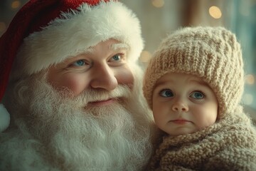 Obraz premium Noel ad visual design snapshot for advertisement and online banner use. Happy christmas, Ñute child boy bawling with santa claus. Festive lights advertising. Holiday event photos.