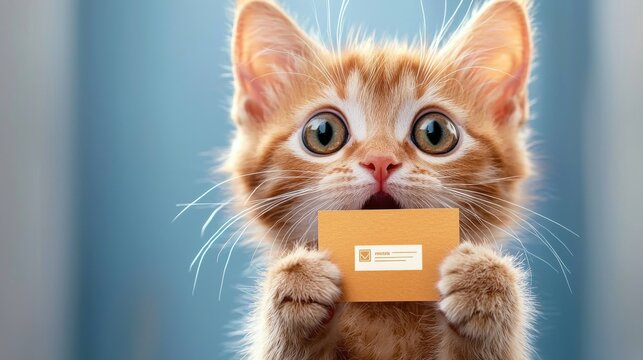 Cat holding business card in professional setting indoor space image for business promotion fun and quirky concept