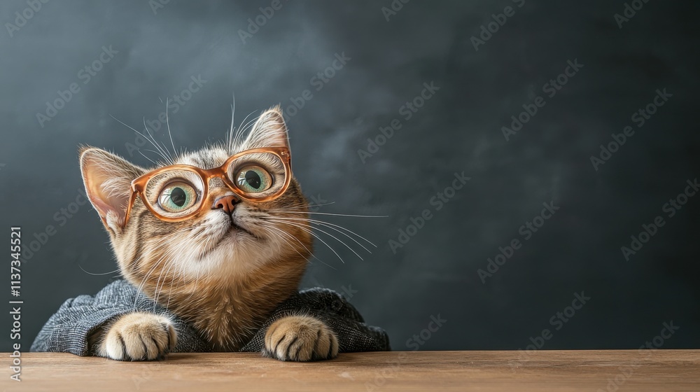 Poster A cat in a tailored blazer presenting project data in a professional environment from a creative perspective