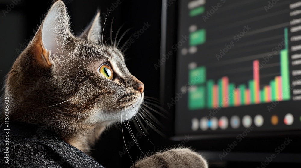 Poster A cat in a tailored blazer presenting project data in a modern office environment from a creative perspective