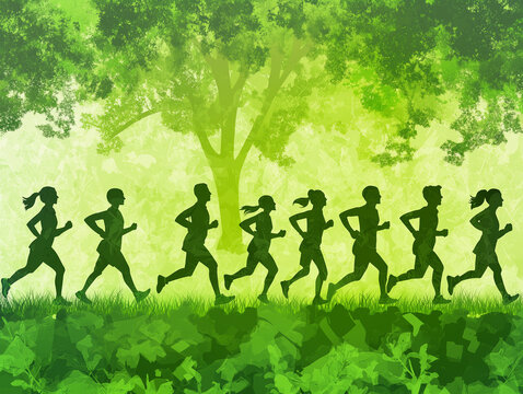 Classic charity run event, diverse group of runners, early morning light, vibrant colors, cheerful and energetic vibe