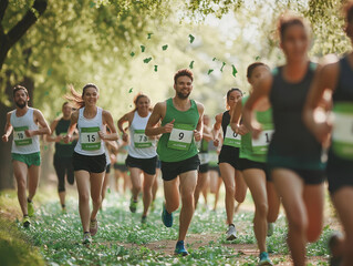 Obraz premium Classic charity run event, diverse group of runners, early morning light, vibrant colors, cheerful and energetic vibe