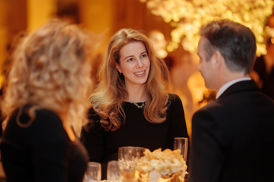 Smiling woman conversing with friends at elegant event