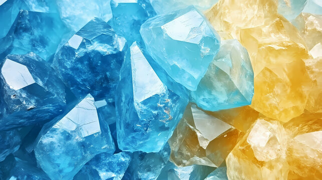 Blue aquamarine and yellow texture of stone background panorama. Beryl. Illustration