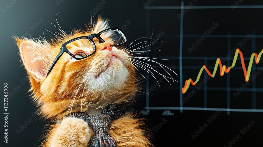 Poster cat analyzing stock market trends in office setting business concept humorous environment playful vi