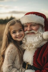 Obraz premium Happy festive season, Ñute child girl pleased with santa claus. Christmas ad campaign idea artwork for media and online use. Winter cheer promotions. Xmas festive banners. Merry xmas banners.