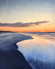 A serene beach scene at sunset with calm waters and soft reflections.