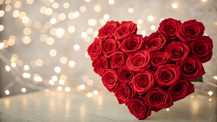 Red Roses Heart Shape With Abstract Defocused Lights - Valentines Day Card