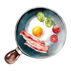 Fried egg with bacon, spinach leaves and tomatoes in Black frying pan with wooden handle