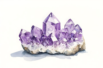 Beautiful Watercolor Illustration of Amethyst Crystal Cluster on a Light Background