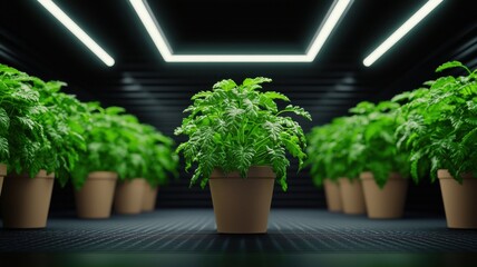 Fototapeta premium Stem molecular cultivation type. Lush green plants in pots under bright artificial lighting.