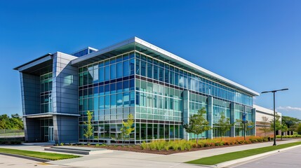 Obraz premium A modern office building exterior with large glass windows under a clear blue sky.