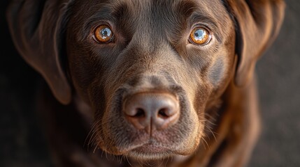 Closeup portrait of a chocolate Labrador Retriever with symmetrical lighting