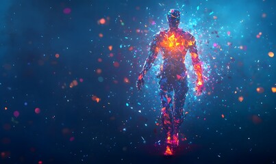 Obraz premium Colorful human form walking, particles floating in dark space.