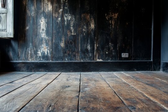 Dark rustic room interior with aged wooden walls and floor.