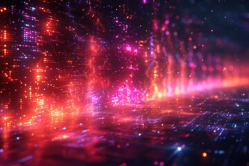 An abstract design with glitch effects, where random sections of the image are distorted, with bright neon