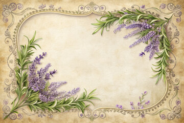 Vintage style frame with lavender flowers and leaves.Aged Victorian style holiday background to create a calm and natural design
