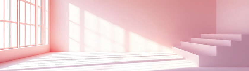 Fototapeta premium serene empty room with soft pink walls, large windows, and gentle light casting shadows on floor. space features staircase, creating calm and inviting atmosphere