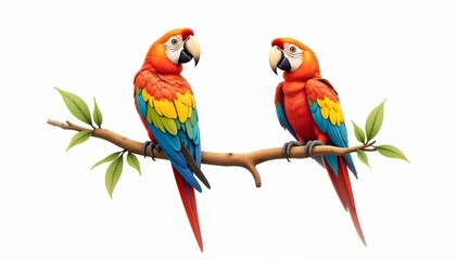 Fototapeta premium Colorful macaws perched on a branch, displaying vibrant plumage against a white background