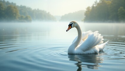 Elegant swan gliding gracefully across a serene lake shrouded in morning mist