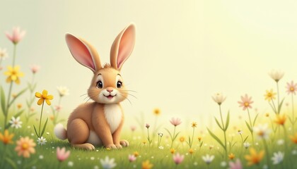Cute rabbit with a joyful expression, sitting in a field of colorful flowers in spring