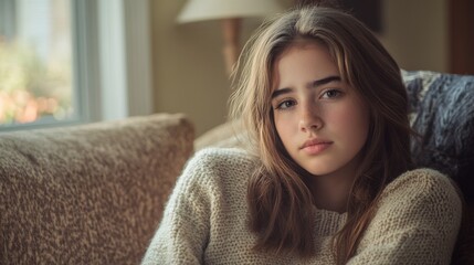 Naklejka premium Teen girl experiencing cold symptoms, wearing light colored sweater, candid medical photography, comfortable home setting, neutral tones