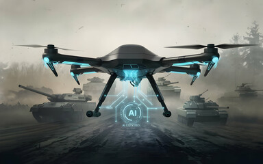 AI Drone Warfare: A futuristic drone equipped with artificial intelligence (AI) technology dominates the battlefield, soaring above a line of imposing tanks in a dramatic scene of modern warfare.