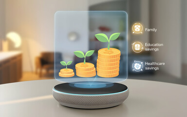 Smart Savings Growth:  A smart speaker displays a holographic image of growing stacks of coins representing family, education, and healthcare savings.