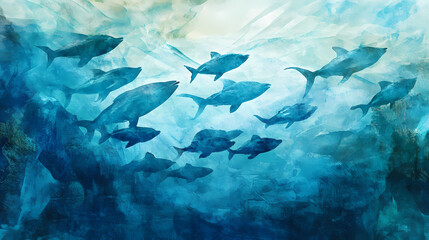 A school of fish swimming in a multilayered aquamarine background, underwater photography, aquatic life, ocean scenery, aquatic art, watercolor strip. Beryl. Illustration