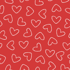 White hand drawn hearts seamless pattern on red background. Vector illustration hearts seamless pattern for background, wallpaper, wrapping and textile.